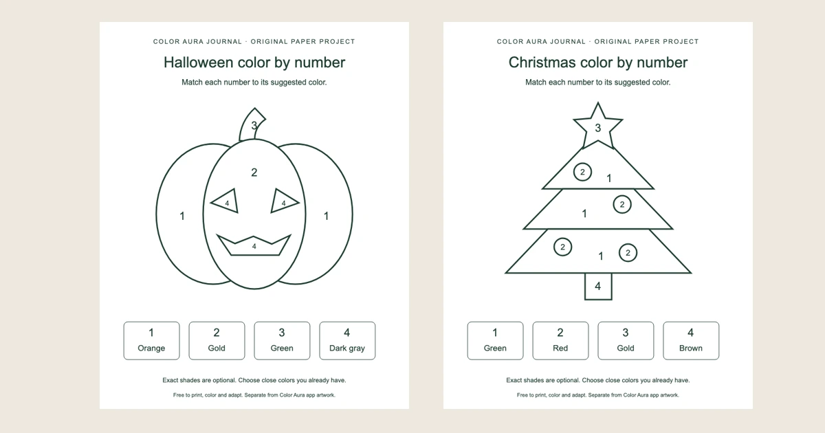 Original printable previews of a numbered Halloween pumpkin and Christmas tree, shown beside their suggested color keys.